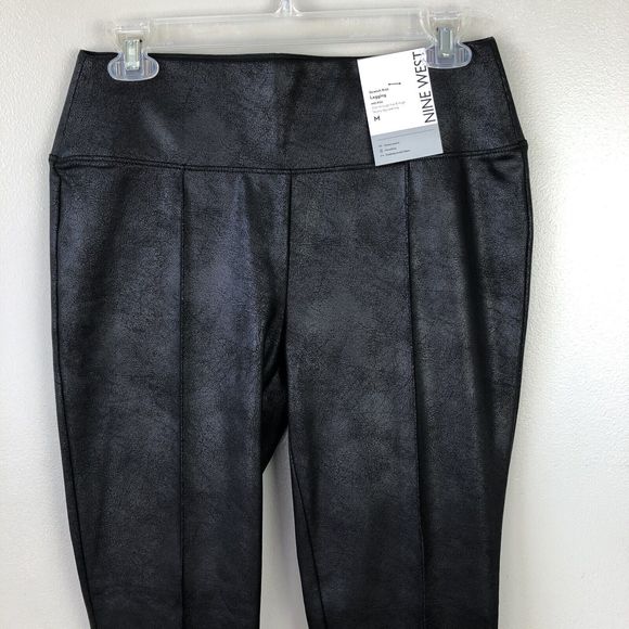 Nine West Stretch Knit Legging Womens Size M Faux Leather Stretchy Black Crackle - Picture 2 of 14